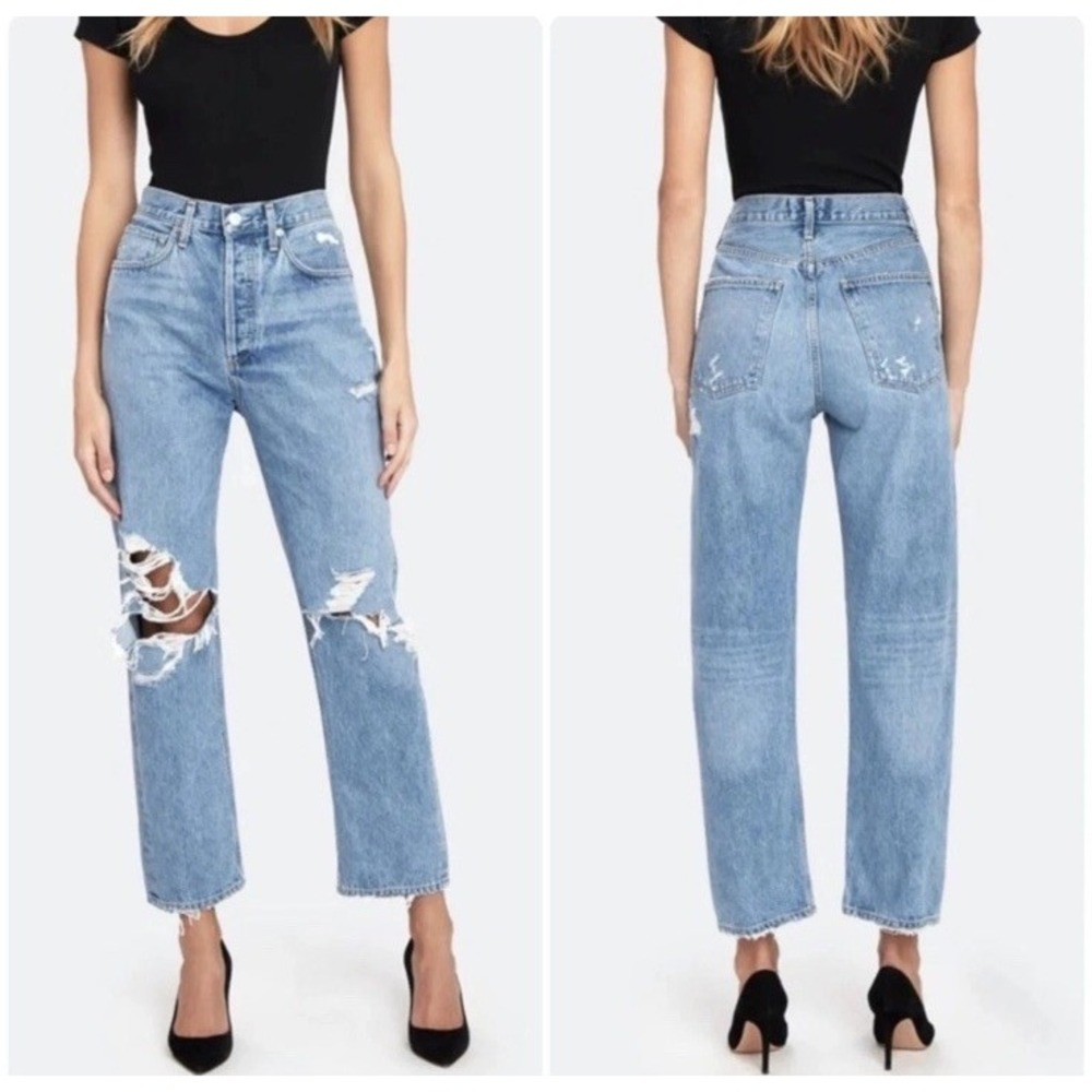 AGOLDE 90's Mid Rise Loose Fit Distressed Straight Leg Blue Jeans Size 30 32x29
